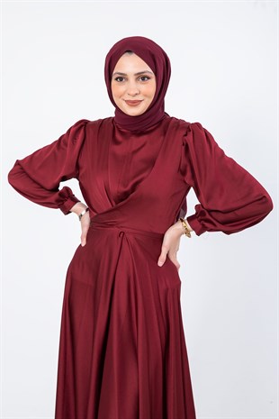 Önden Bağlamalı Kloş Saten Abiye Bordo
