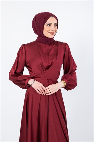 Önden Bağlamalı Kloş Saten Abiye Bordo