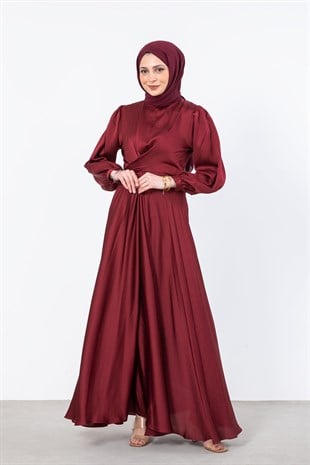 Önden Bağlamalı Kloş Saten Abiye Bordo