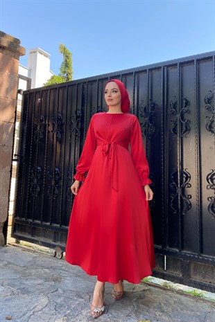 Önden Bağlamalı Kolu Lastikli Abiye Kırmızı