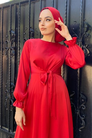 Önden Bağlamalı Kolu Lastikli Abiye Kırmızı