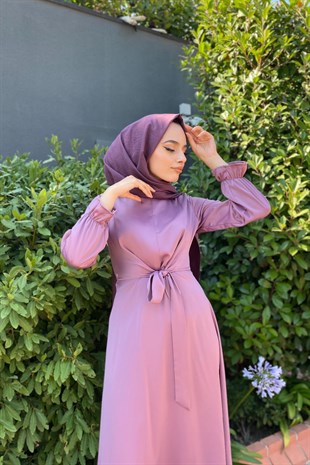 Önden Bağlamalı Kolu Lastikli Abiye Lila