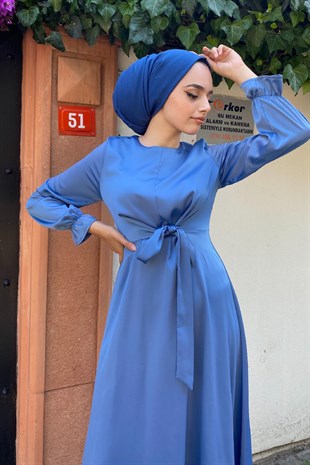 Önden Bağlamalı Kolu Lastikli Abiye Mavi