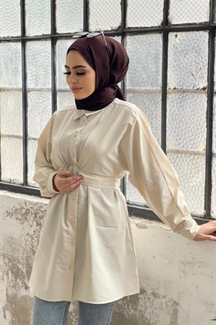 Önden Düğmeli Halka Kemerli Tunik Bej