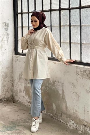 Önden Düğmeli Halka Kemerli Tunik Bej