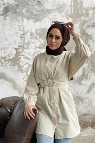 Önden Düğmeli Halka Kemerli Tunik Bej