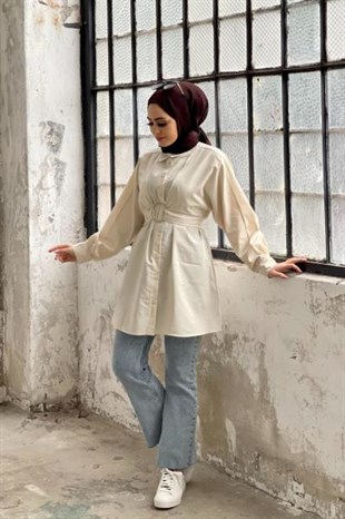 Önden Düğmeli Halka Kemerli Tunik Bej
