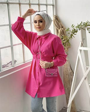 Önden Düğmeli Halka Kemerli Tunik Pembe