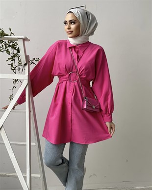 Önden Düğmeli Halka Kemerli Tunik Pembe