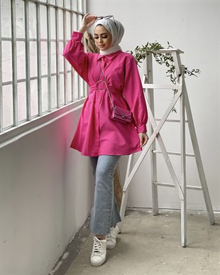 Önden Düğmeli Halka Kemerli Tunik Pembe