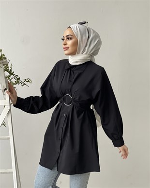 Önden Düğmeli Halka Kemerli Tunik Siyah