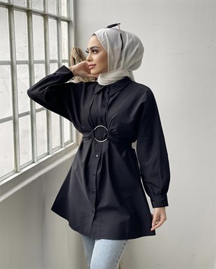 Önden Düğmeli Halka Kemerli Tunik Siyah