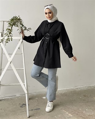 Önden Düğmeli Halka Kemerli Tunik Siyah