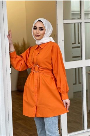 Önden Düğmeli Halka Kemerli Tunik Turuncu