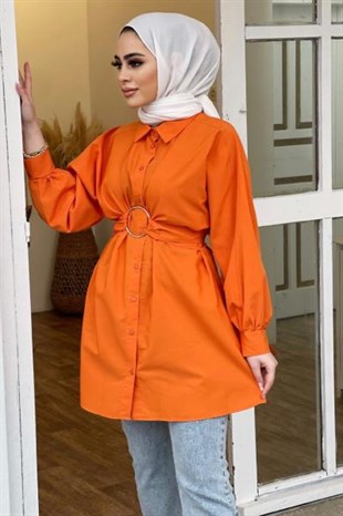 Önden Düğmeli Halka Kemerli Tunik Turuncu