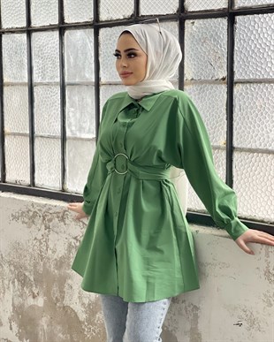 Önden Düğmeli Halka Kemerli Tunik Yeşil