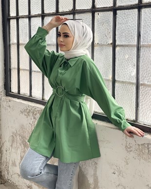 Önden Düğmeli Halka Kemerli Tunik Yeşil