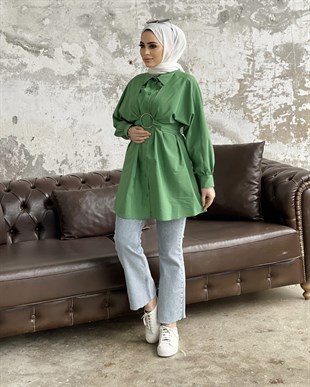 Önden Düğmeli Halka Kemerli Tunik Yeşil