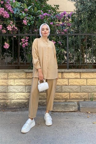 Önden Düğmeli Pantolonlu Takım Sütlükahve