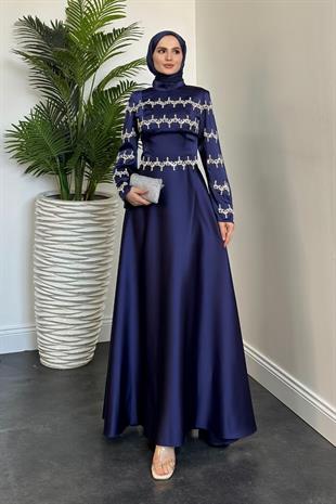 Onsra Taşlı Abiye Lacivert