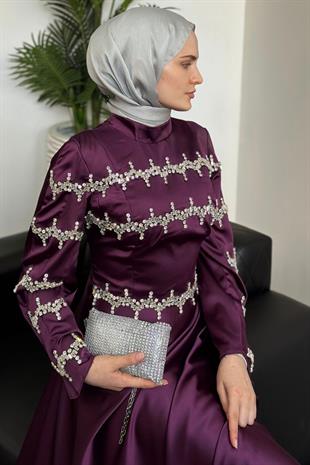 Onsra Taşlı Abiye Mürdüm