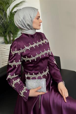 Onsra Taşlı Abiye Mürdüm