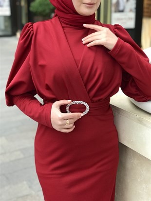 Önü Çapraz Kemerli Elbise Bordo
