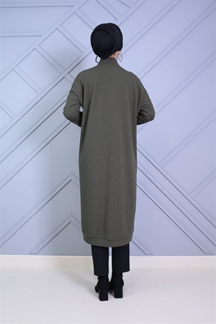 Önü Düğme Detaylı Fitilli Hırka Haki