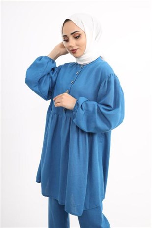 Önü Düğmeli Robadan Takım İndigo