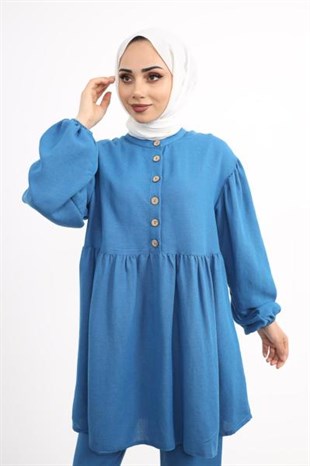 Önü Düğmeli Robadan Takım İndigo