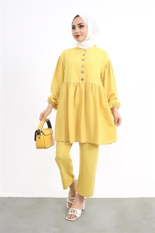 Önü Düğmeli Robadan Takım Sarı