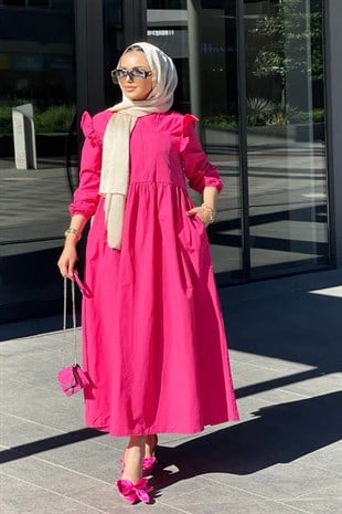 Önü Fermuarlı Kolları Fırfırlı Elbise Pembe