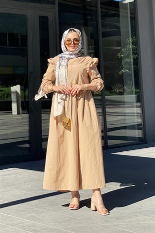 Önü Fermuarlı Kolları Fırfırlı Elbise SütlüKahve