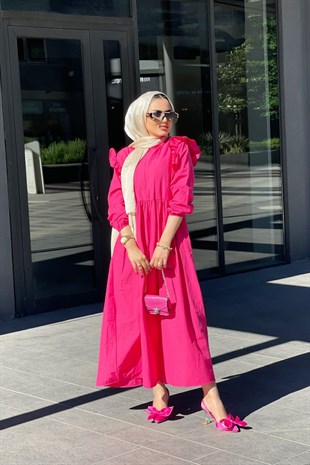 Önü Fermuarlı Kolları Fırfırlı Elbise Pembe