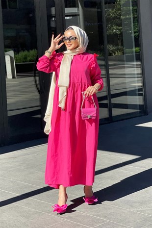 Önü Fermuarlı Kolları Fırfırlı Elbise Pembe