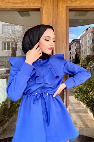 Önü Fırfırlı Büzgülü Takım Saks
