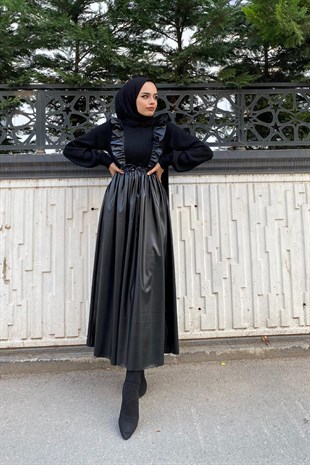 Önü Fırfırlı Derili Elbise Siyah