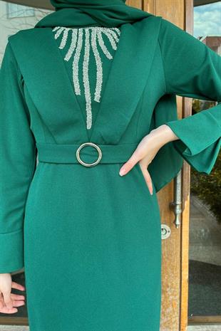 Önü İşlemeli Krep Elbise Zümrüt