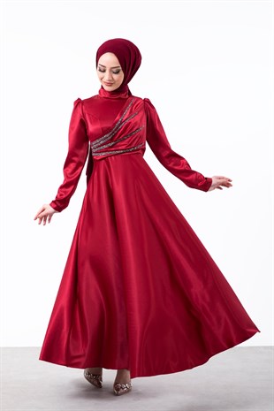 Önü Taş İşlemeli Saten Abiye Bordo