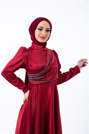 Önü Taş İşlemeli Saten Abiye Bordo