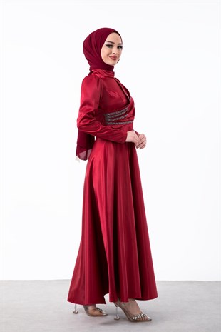 Önü Taş İşlemeli Saten Abiye Bordo