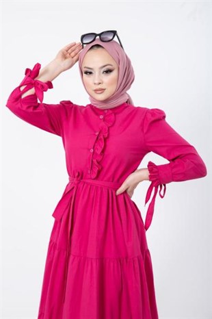 Önü ve Kolu Fırfırlı Elbise Pembe