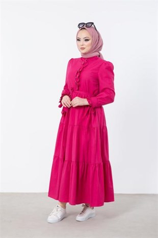 Önü ve Kolu Fırfırlı Elbise Pembe