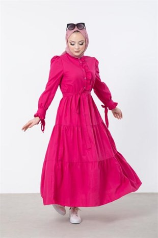 Önü ve Kolu Fırfırlı Elbise Pembe