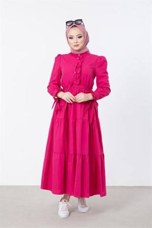 Önü ve Kolu Fırfırlı Elbise Pembe