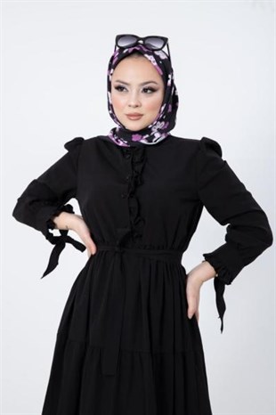 Önü ve Kolu Fırfırlı Elbise Siyah
