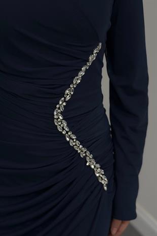 Opheline Taşlı Tül Kumaş Abiye Lacivert