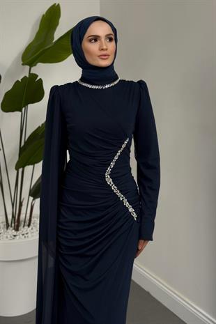 Opheline Taşlı Tül Kumaş Abiye Lacivert