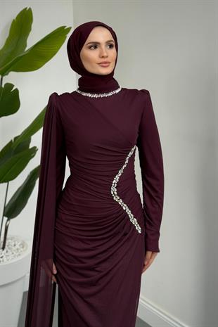 Opheline Taşlı Tül Kumaş Abiye Mürdüm