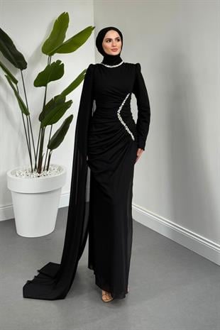 Opheline Taşlı Tül Kumaş Abiye Siyah